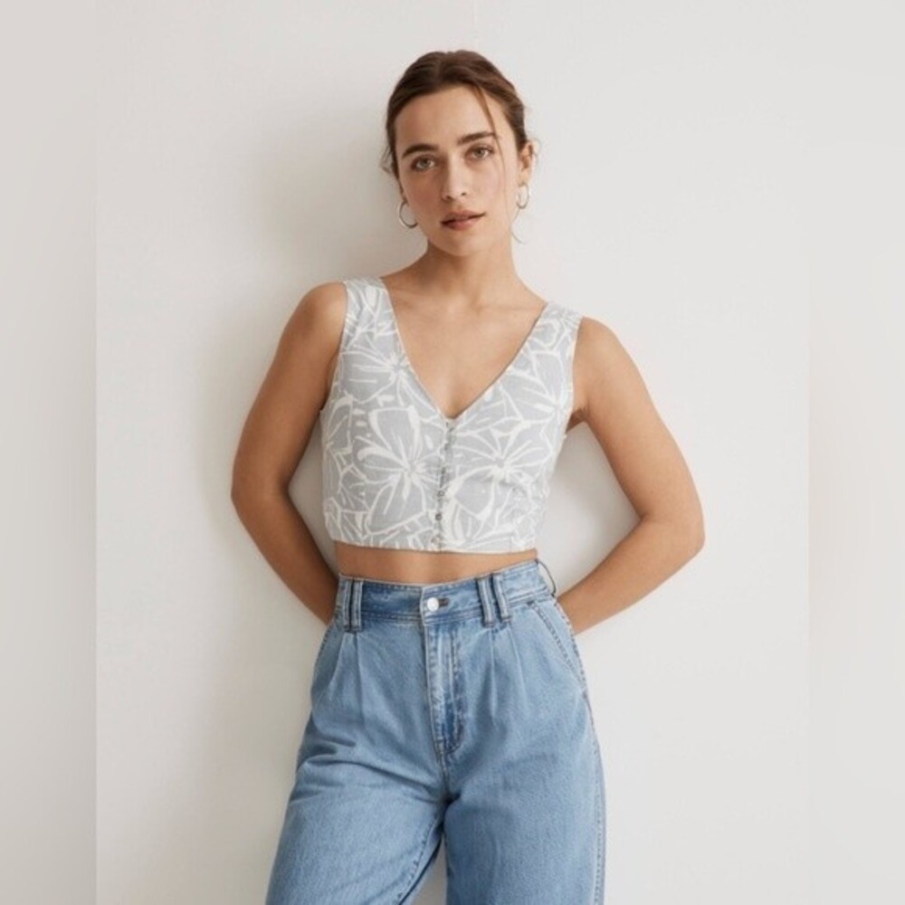NWT Madewell light blue floral linen crop top size M